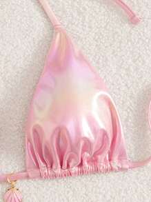 Swim SXY 2 piezas Conjunto de bikini de unicolor para mujer con tirantes halter rosa, decoración de concha y Bottom atada a los lados, ropa de playa de verano - Rosa - Ver 4