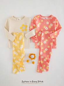 Cozy Pixies Baby Girl 4pcs Snug Fit Pajama Set - Floral Print Knit Soft Crew Neck Long Sleeve Top & Elastic Waist Leggings For Spring Graphic - Multicolor - View 1