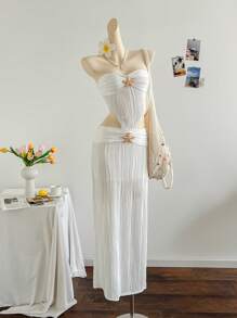 Soleia 女士夏季度假沙滩金属贝壳装饰镂空高腰提花弹力鱼尾连衣裙，白色，适合海滩、音乐节、派对 - 白色 - 查看 4