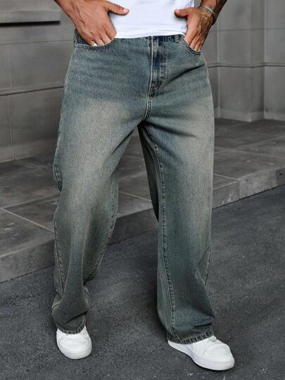 Manfinity Homme Plus Size Men's Casual Loose Fit Pocket Straight Leg Jeans