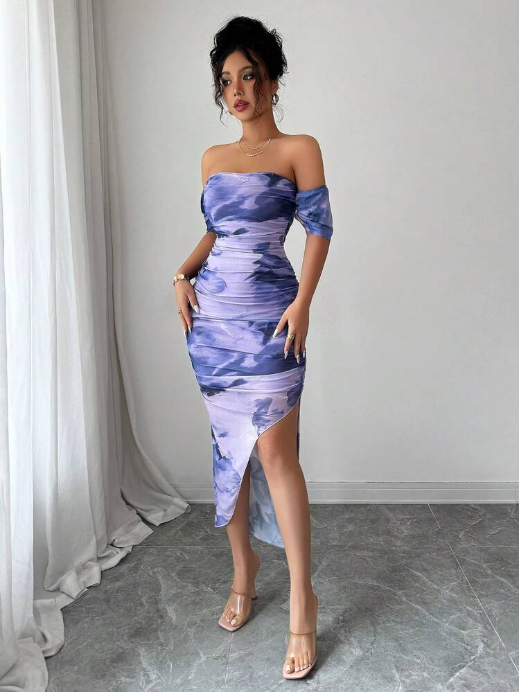 Elenzga Women's Elegant Off Shoulder Tie-Dye Slit Fitted Dress, Autumn Maxi Women Outfit - Mauve Purple - View 4