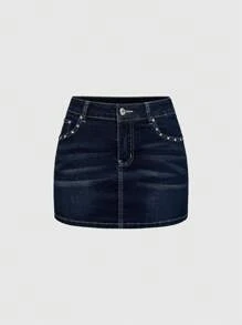 ROMWE J-Fashion Y2K 风格女牛仔低腰星星刺绣和水钻装饰牛仔迷你裙 - 藍色 - 查看 2