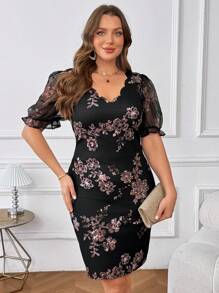 SHEIN Clasi Plus Size Women Summer Dress,Elegant Floral Print Mini Dress With Short Lantern Sleeve,V-Neck,Ruffle Hem,Black And Gold Elegant Wedding Guest Dress - Multicolor - View 4