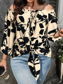 SHEIN LUNE 大码女式印花露肩休闲衬衫，春夏 - 杏色 - 查看 1