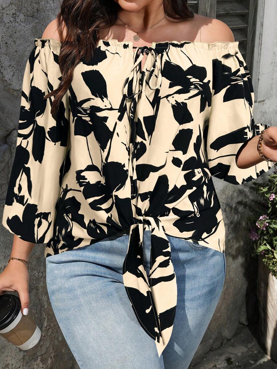 SHEIN LUNE 大码女式印花露肩休闲衬衫，春夏 - 杏色 - 查看 1