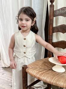 LMoss Kids LMoss Baby Girl Woven Plain Top And Loose Casual Pants Set, Setsisters Outfit - Apricot - View 5
