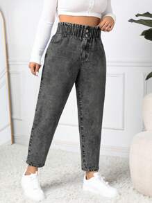SHEIN EZwear Jeans casuales y versátiles de talla grande con cintura tipo bolsa de papel y bolsillos