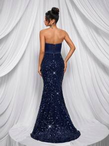 Glamrae Robe de soirée longue élégante et luxueuse faite main avec queue de sirène, décolleté en V, strass bleus et traîne, pour femmes - Bleu azur - Voir 3