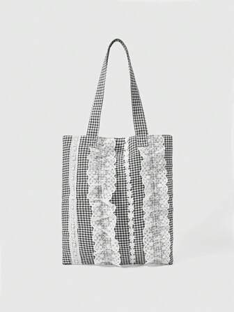 Kawaii Fashion Plaid Color-Block Lace-Trim One Shoulder Cloth Bag
