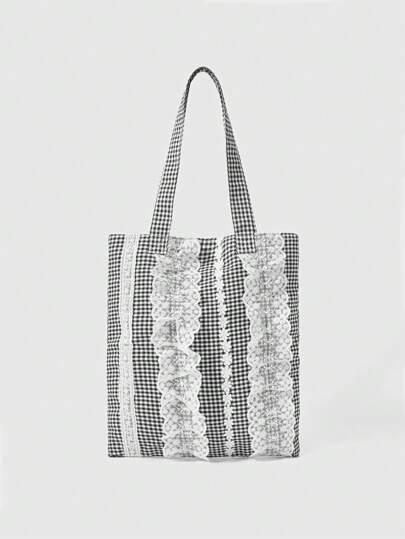 Kawaii Fashion Plaid Color-Block Lace-Trim One Shoulder Cloth Bag