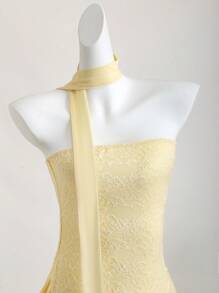 Sweetra Women's Fashion Sexy Lace Patchwork Asymmetric Hem Strapless Mini Dress - Yellow - View 4