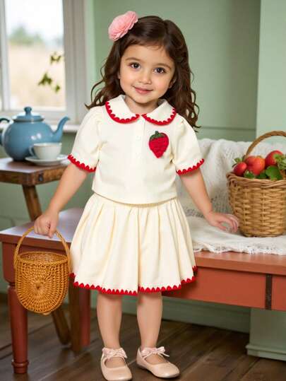 SHEIN Vintaside Kids 2 件套女婴荷叶边领刺绣草莓衬衫和松紧腰短裙套装，可爱甜美，舒适的家居服或休闲装，春夏秋