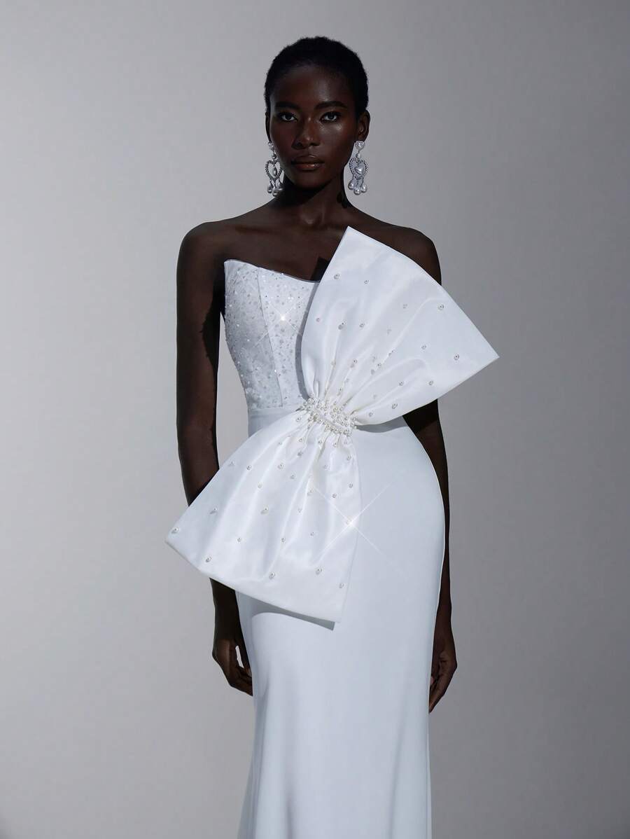 Elitara Elegant And Luxurious White Sequin Embroidery Handmade Big Bow Pearl Decoration Tube Top High Waist Slim Fishtail Beauty Trailing, Suitable For Wedding Festival Bridal Dress Formal Occasion Wedding Dress