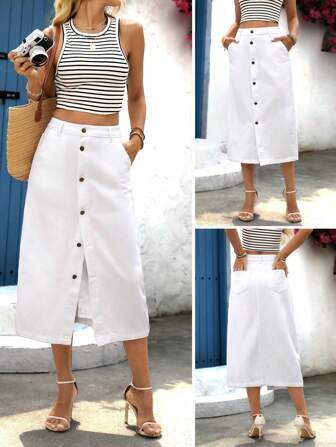 SHEIN Plus Size Casual Vacation Solid Color Denim Mini Skirt