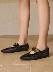 MOTF PREMIUM METAL BUCKLE MESH FLAT SHOES BALLET FLATS - Black - View 5