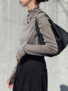 FRIFUL Women's Mesh Turtleneck Sheer Blouse, Layering Top For Autumn Long Sleeve Top