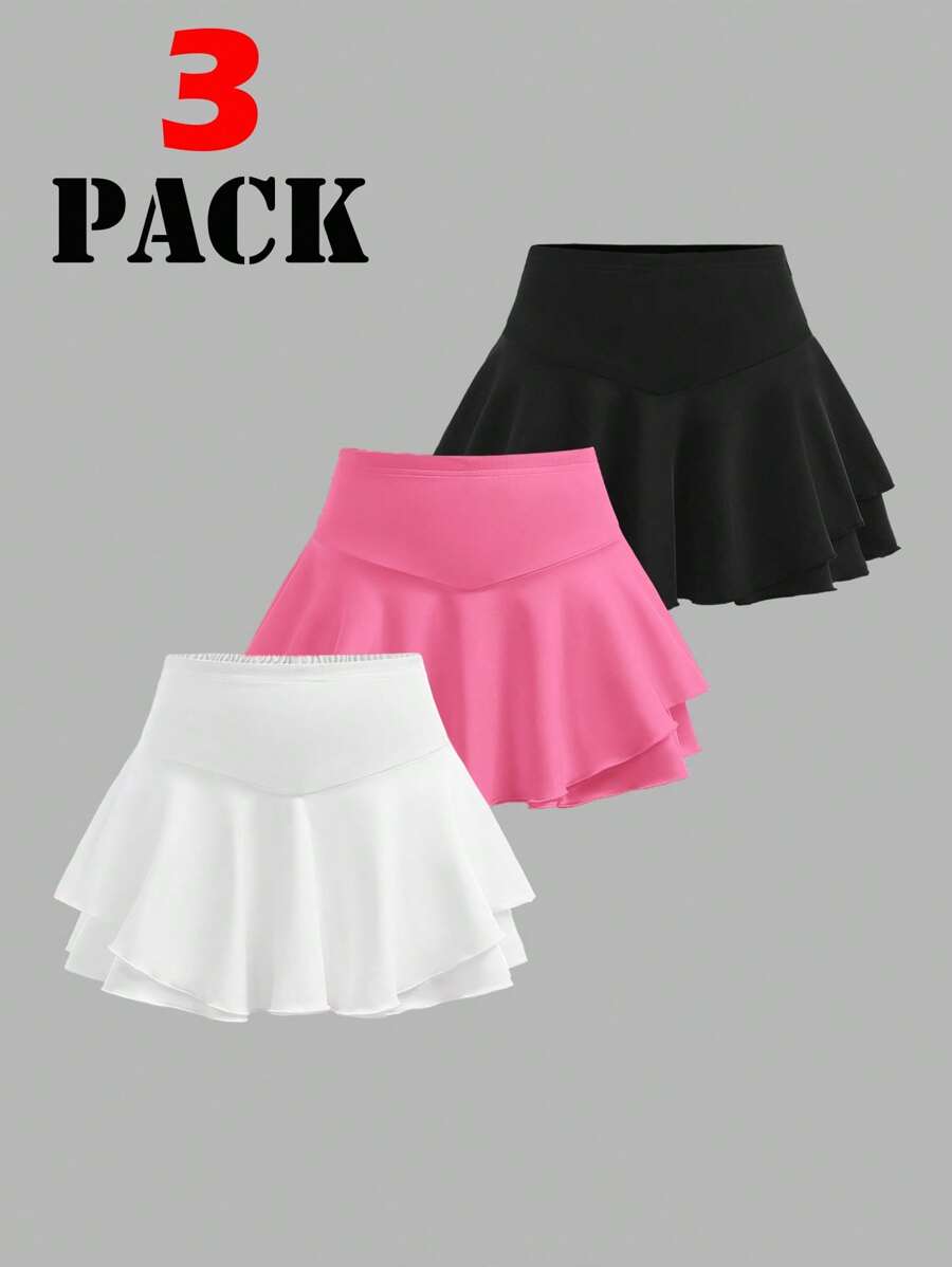 SHEIN Girlism 3pcs/Set Tween Girls Solid Color Knit Sports Skirt Pants Set - Hot Pink - View 1