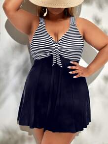 Swim Lushoire Plus Size Vacation Beach Striped Splice Swimsuit Skirt,Summer Outfits For Women,Bathing Suit - Navy Blue - View 4