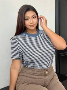 Dazy Petite Plus Color Block Striped Short Sleeve T-Shirt, Brown, Spring/Summer