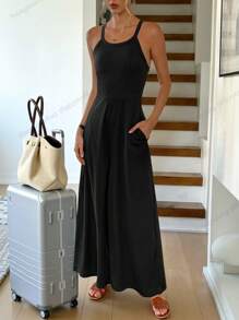 Easowa 黑色连体裤，带口袋，阔腿，休闲舒适的夏季服装，针织面料 - 黑色 - 查看 4