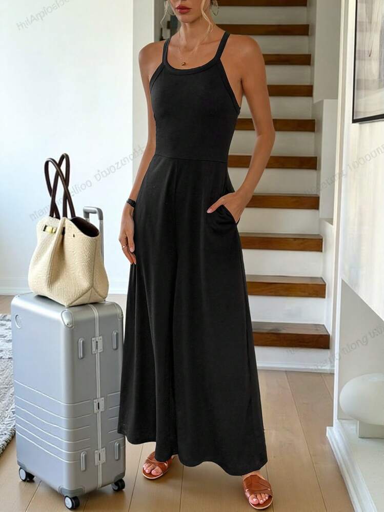 Easowa Zwarte jumpsuit met zakken, wijde pijpen, casual en comfortabele zomeroutfit, gebreide stof - Zwart - Bekijken 4