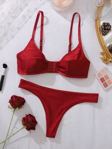 2pcs/Set Front Closure Wireless Bra Set For Women - Burgundy - View 3