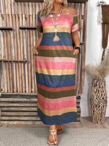EMERY ROSE Plus Size Women Casual Striped Multicolor Minimalist Daily Dress, Asymmetric Neckline Side Slit Pocket Maxi Women Outfit Summer Women Clothes  Curve Plus   Vacation Women Clothes   Shein Curve - Multicolor - View 5