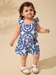 Travachic KIDS 2件套女婴母女装，碎花方领荷叶边休闲上衣和短裤套装，适合度假、外出、旅行 - 藍色 - 查看 4