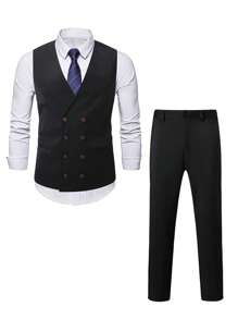 Manfinity Mode Men's Solid Color Double-Breasted Suit Vest And Pants Set Men's Dress Clothes Classy Men Outfits - Black - View 4