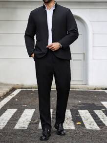 Manfinity Mode 大码男士纯色单排扣长袖夹克和裤子西装套装 - 黑色 - 查看 4