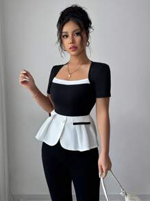 Elenzga Elegant Contrast Color Blocking Fitted Waist Short Sleeve T-Shirt, Summer , Peplum Top - Black and White - View 3