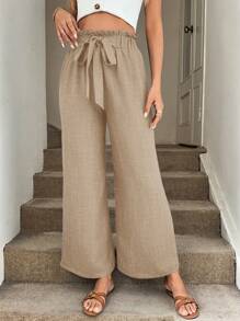 Easowa Pantalones anchos de mujer con lazo en el bajo, pantalones fluidos elegantes y casuales para vacaciones - Caqui - Ver 5
