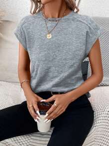 SHEIN LUNE Women's Casual Loose Dolman Sleeve Rolled Cuff Round Neck T-Shirt, Comfortable For Summer - Light Grey - View 4