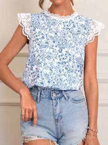 SHEIN VCAY Plus Size Women's Holiday Floral Print Contrast Lace Cap Sleeve Blouse Lace Top Cute Summer Tops