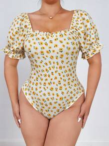 Flirla 夏季大码女式碎花荷叶边领短袖紧身衣 - 彩色 - 查看 2