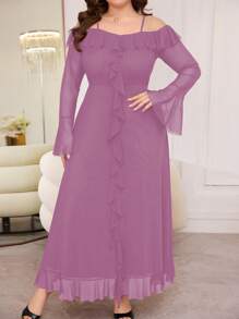 Modelyn Plus Size Women's Off-Shoulder Long Sleeve Flare Waist Ruffled Mesh Elegant Dress