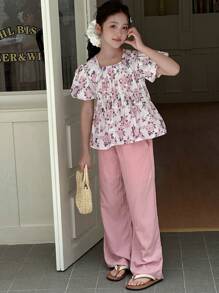 DAZY Tween Girls Floral Print Ruffle Top And Pants 2 Pieces Casual Set - Pink - View 3