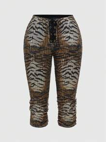 ROMWE J-Fashion Plus Size Vintage Low Waist Leopard Print Sequin Lace Up Capri Pants For Women