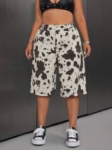 SHEIN Unity Pantalones cortos de mezclilla tipo bermuda con estampado de vaca desgastado para mujer de talla grande - Multicolor - Ver 6