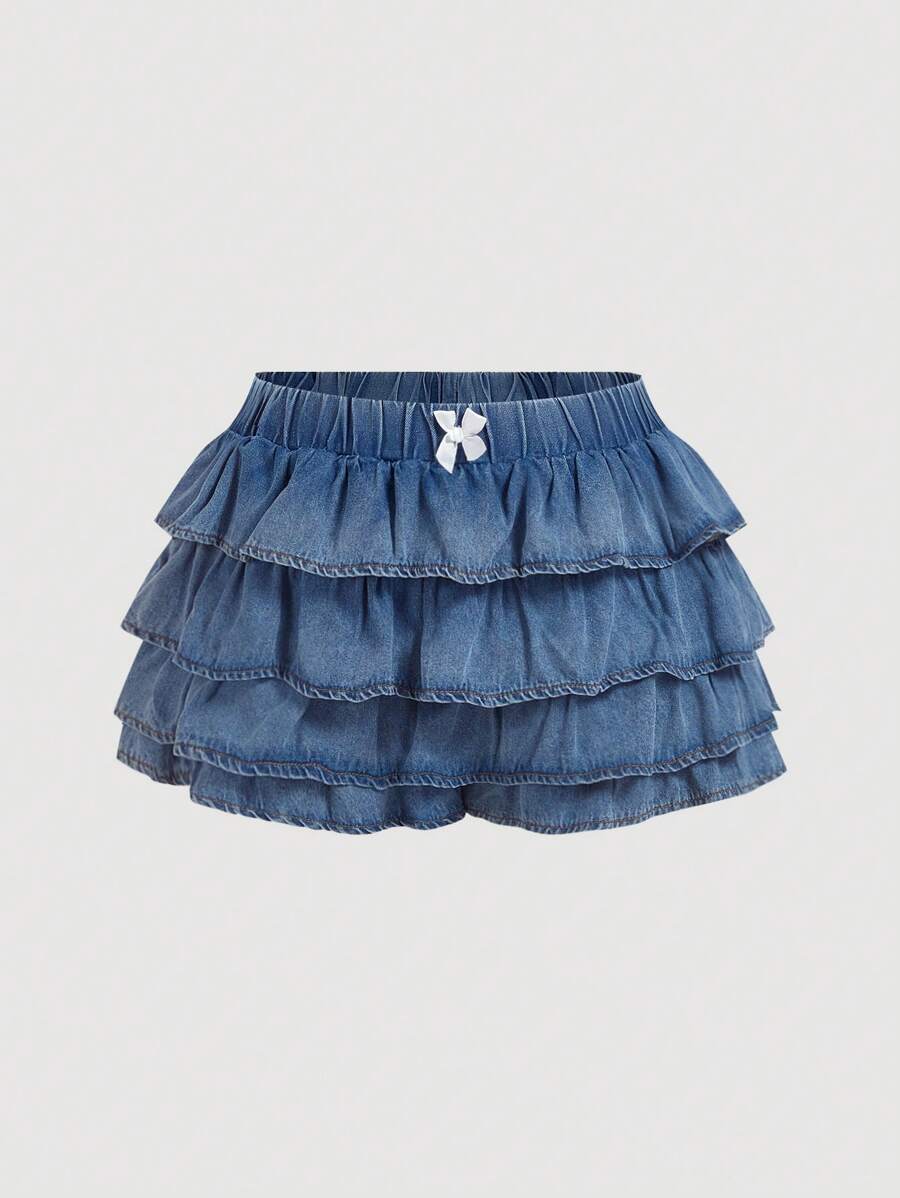 SHEIN MOD Plus Size Women Bow Decor Ruffle Trim Denim Skirt Pants - Light Wash - View 1