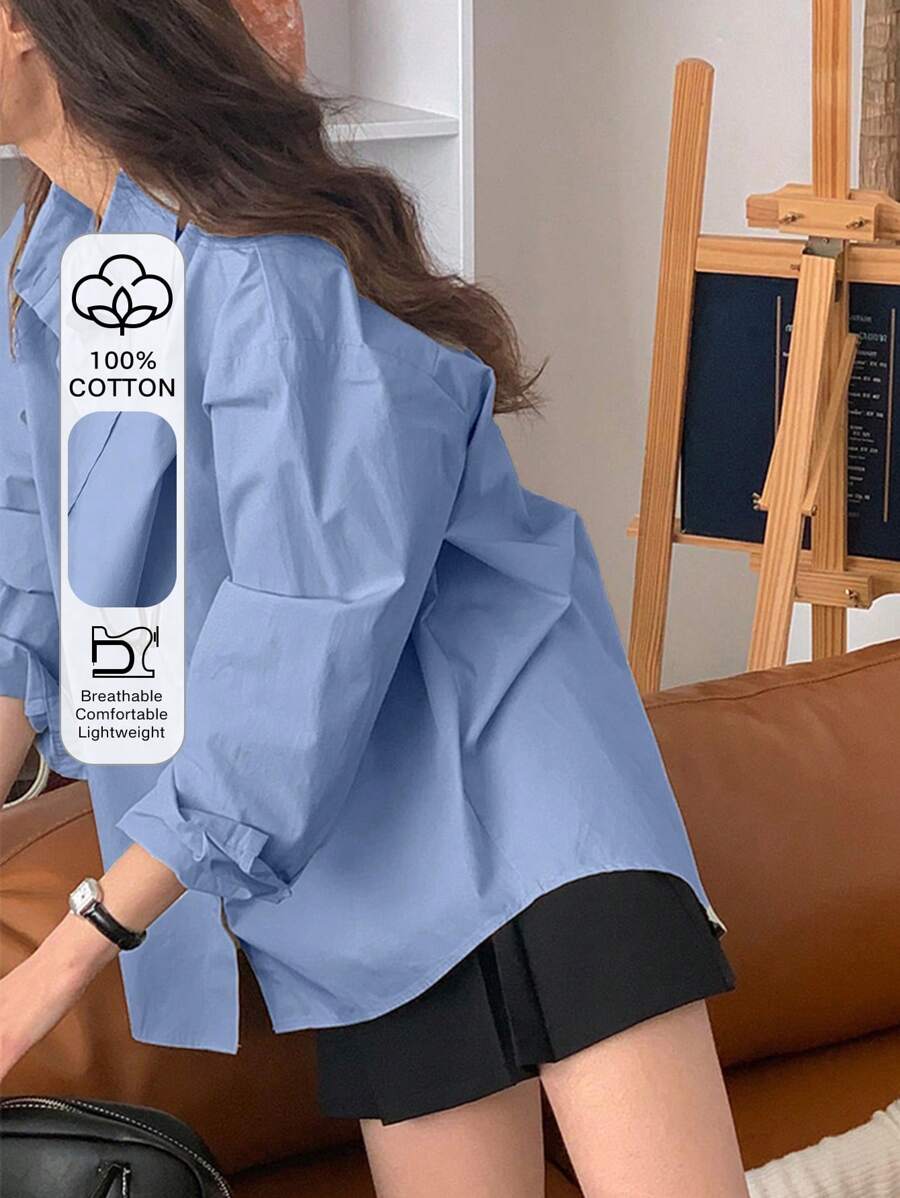 DAZY Women's Loose Solid Color Turndown Collar Backside Split Long Sleeve Mint Green Button Up Shirt, Spring/Summer,Fall - Blue - View 1