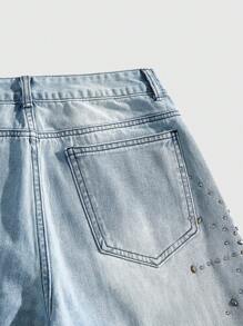 ROMWE MEN Street Life Men's Avant Casual Versatile Denim Shorts With Diamond Pocket Decor - Blue - View 3