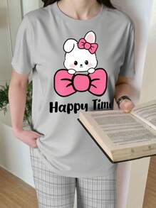 SHEIN 2pcs/Set Girls Cute Bunny Graphic Tee & Plaid Loose Knit Pants Casual Pajamas Set, Comfortable And Fashionable Homewear - Grey - View 5