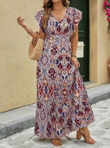 SHEIN LUNE Plus Size Women Summer Vacation Floral Print V-Neck Cap Sleeve Elegant Dress Women Dresses Elegant Gown Women Summer Clothing Women Dresses Birthday Work Summer Dresses Woman S Summer Clothes,Sun Dresses For Women,Sundress - Burgundy - View 1