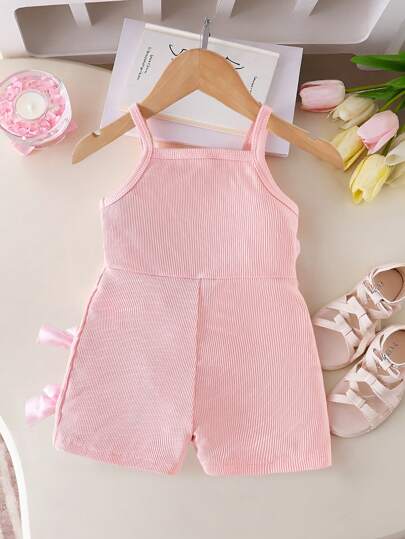 Genkimix Kids Baby Girls' Casual Fashion Sleeveless Elasticated Waist Short Jumpsuit, Solid Color Rib Fabric With 3D Bow Decor, Pink, Summer