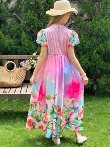 SHEIN LMoss Kids Tween 女童碎花 V 领休闲梭织连衣裙 - 彩色 - 查看 2