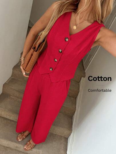 Easowa V 领不对称下摆纽扣前开无袖衬衫背心和前拉链斜口袋直筒裤休闲度假优雅女士两件套，采用棉麻面料制成