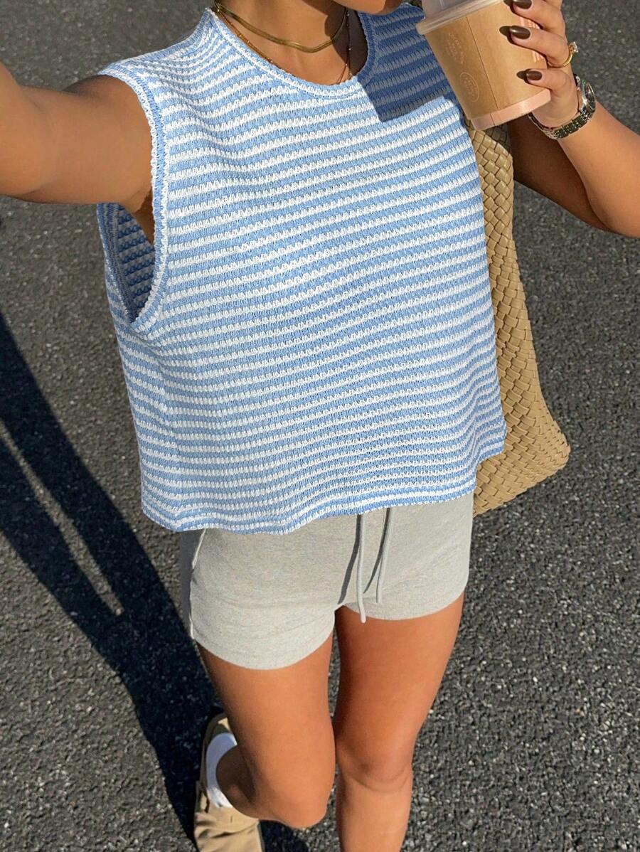 Siren Gaze Women's Loose Sleeveless Tank Top, Beige Waffle Pattern, Casual & Versatile, Spring/Summer - Blue and White - View 1