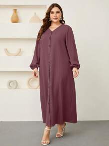 Graceveil Plus Lantern Sleeve Button Front Dress Maxi Women Outfit Modest Fall Cloth For Women - Red Violet - View 3