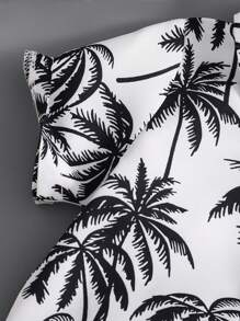 SHEIN Playful Pals 两件套幼儿婴儿男童度假绿色热带植物图案短袖衬衫松紧腰短裤套装，儿童服装。幼儿服装，幼儿衬衫，幼儿短裤，婴儿套装，6个月-3岁 - 黑與白 - 查看 4